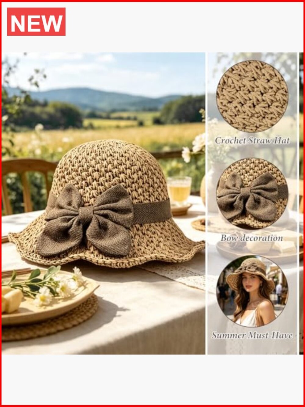 Woven Straw Wide Brim Sun Hat with Bow, Adjustable, Foldable for Travel - Picture 3 of 7